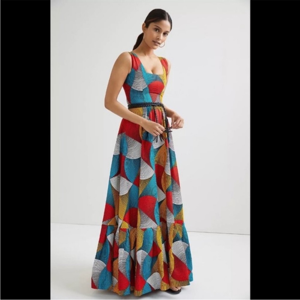 Anthropologie x SIKA Blue and Red Sleeveless Scoop Neck Tiered Maxi Dress